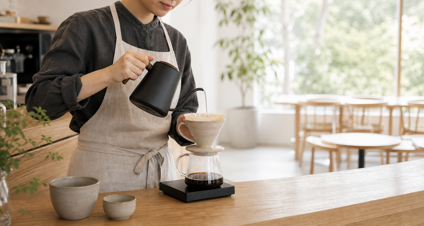 カフェスタッフがカウンターでハンドドリップコーヒーを淹れる様子