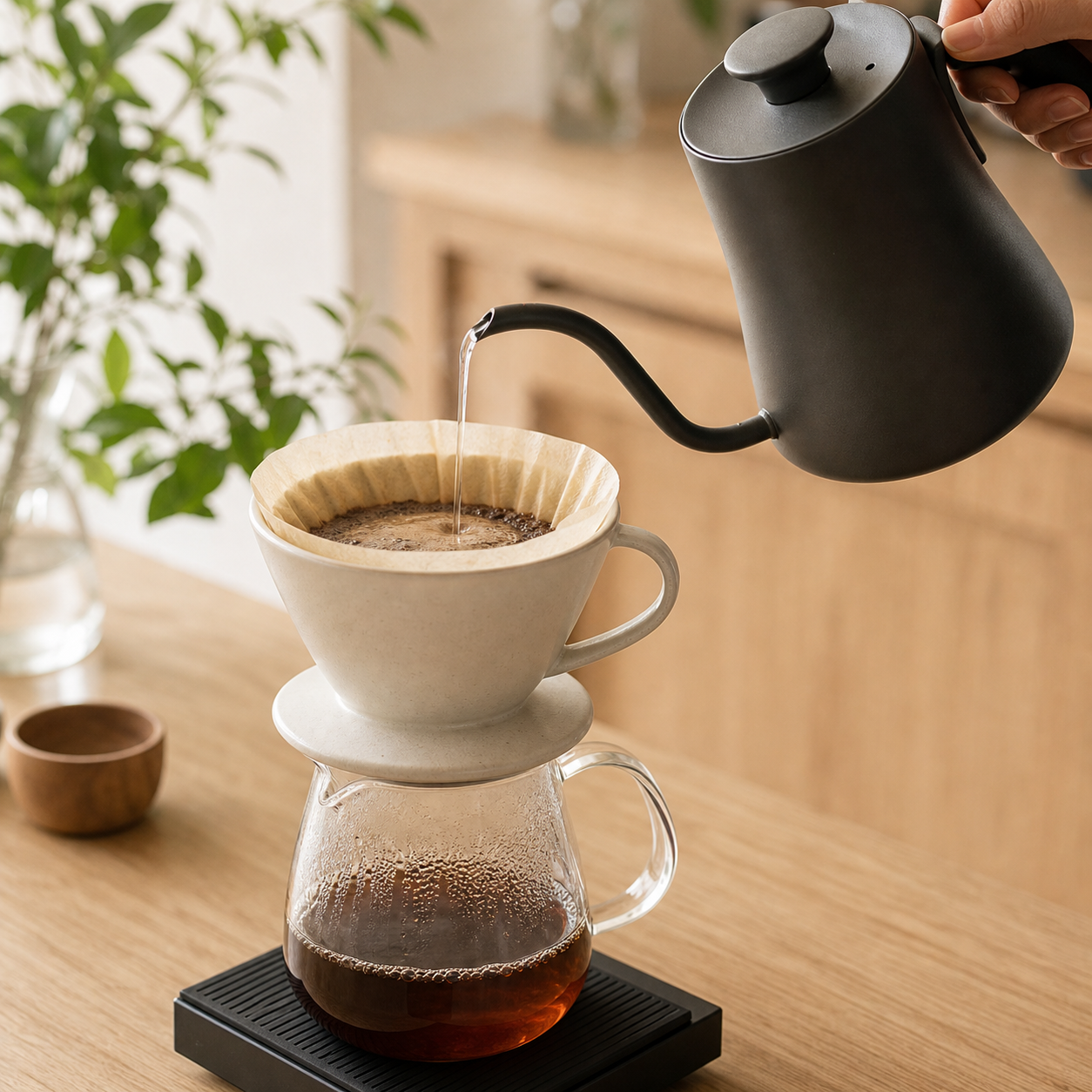 細口ケトルから丁寧にお湯を注ぐハンドドリップコーヒー
