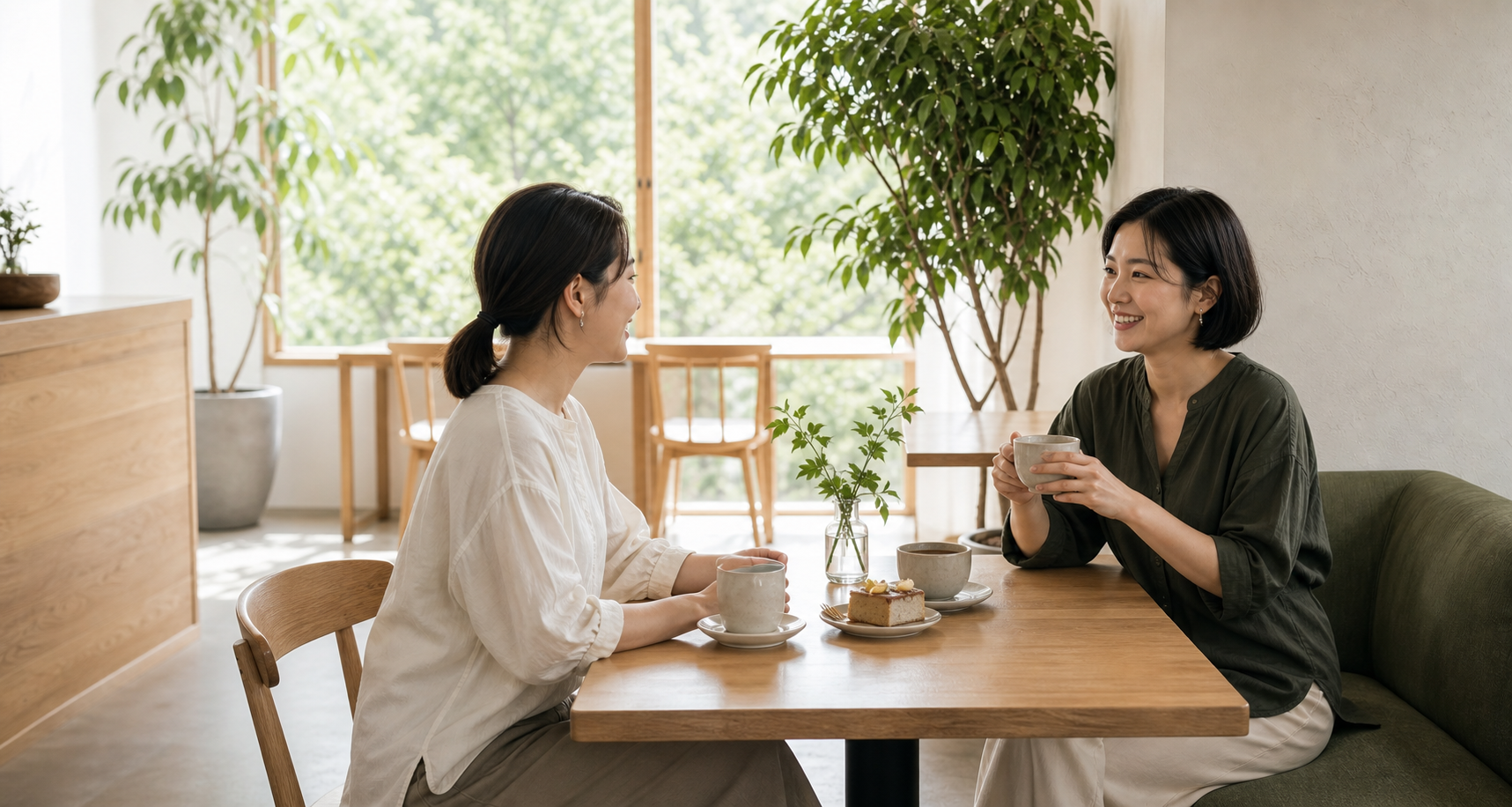 テーブル席でコーヒーとケーキを楽しむ二人の女性