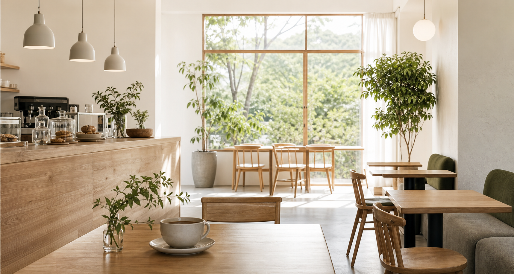 自然光が差し込み、木の家具と植物が並ぶ明るいカフェ店内