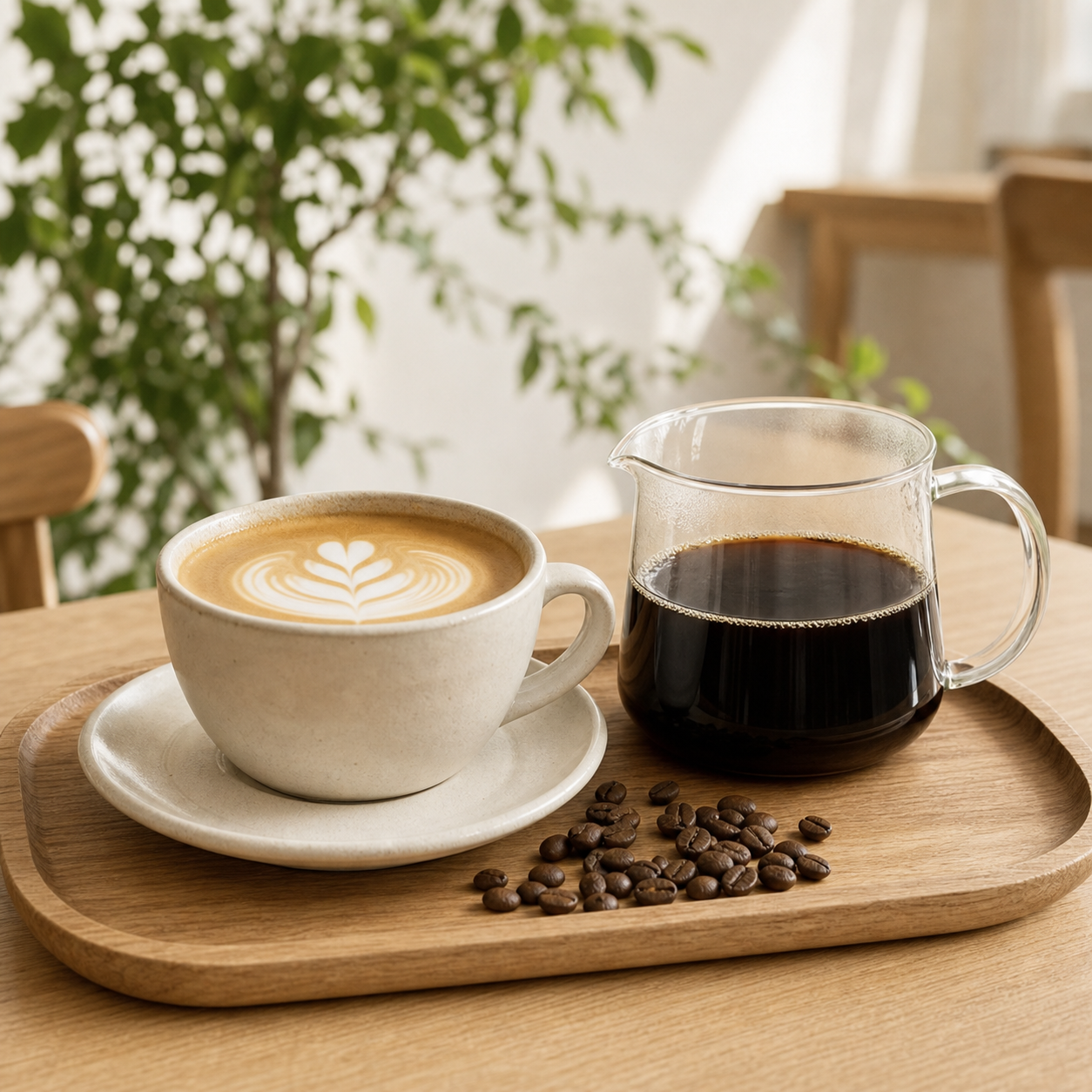 木のトレーに並んだカフェラテとハンドドリップコーヒー