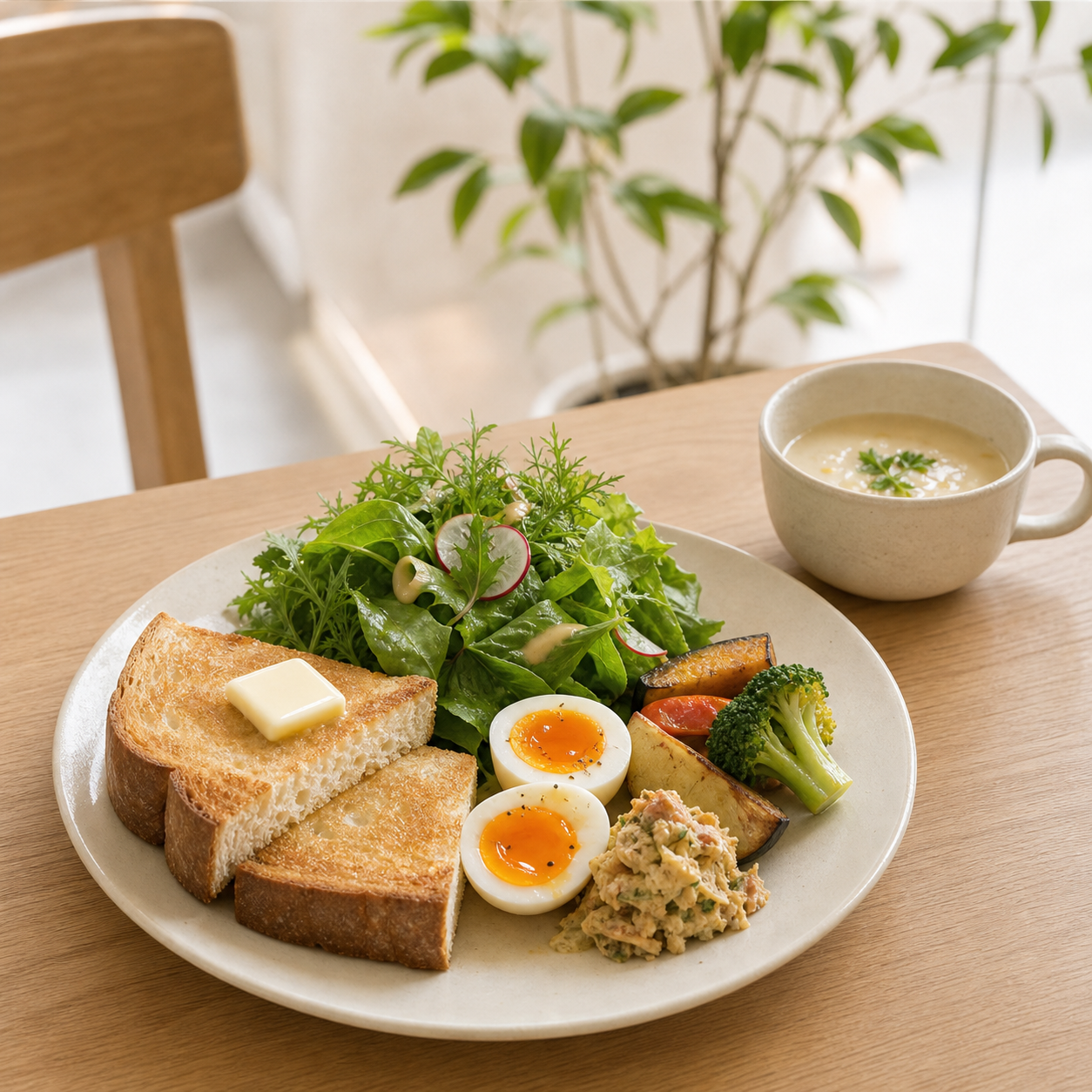 トースト、卵、サラダ、温野菜、スープを盛り付けたカフェプレート
