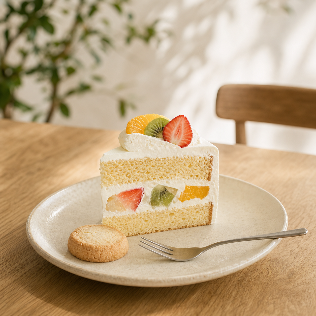 白い皿に盛り付けた季節のフルーツケーキ